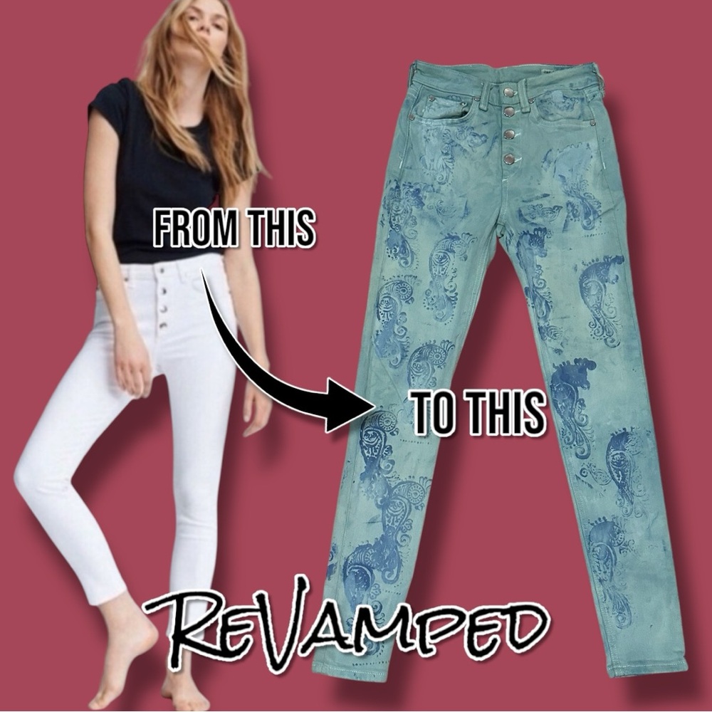 NWOT Originally White Button Fly High Rise Skinny Jeans Now Teal Bird. Size 25